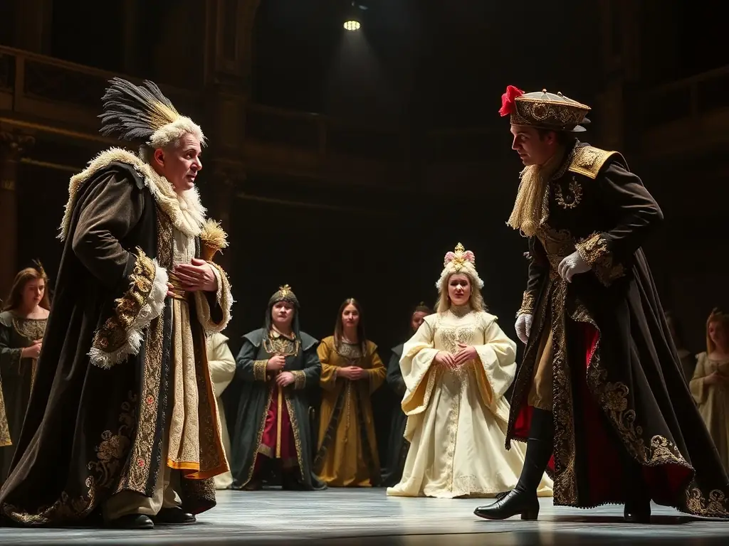 A vibrant photograph capturing a scene from a recent theatrical performance at LA COUPE D'OR THEATRE DE ROCHEFORT, showcasing actors in costume on stage with dynamic lighting.