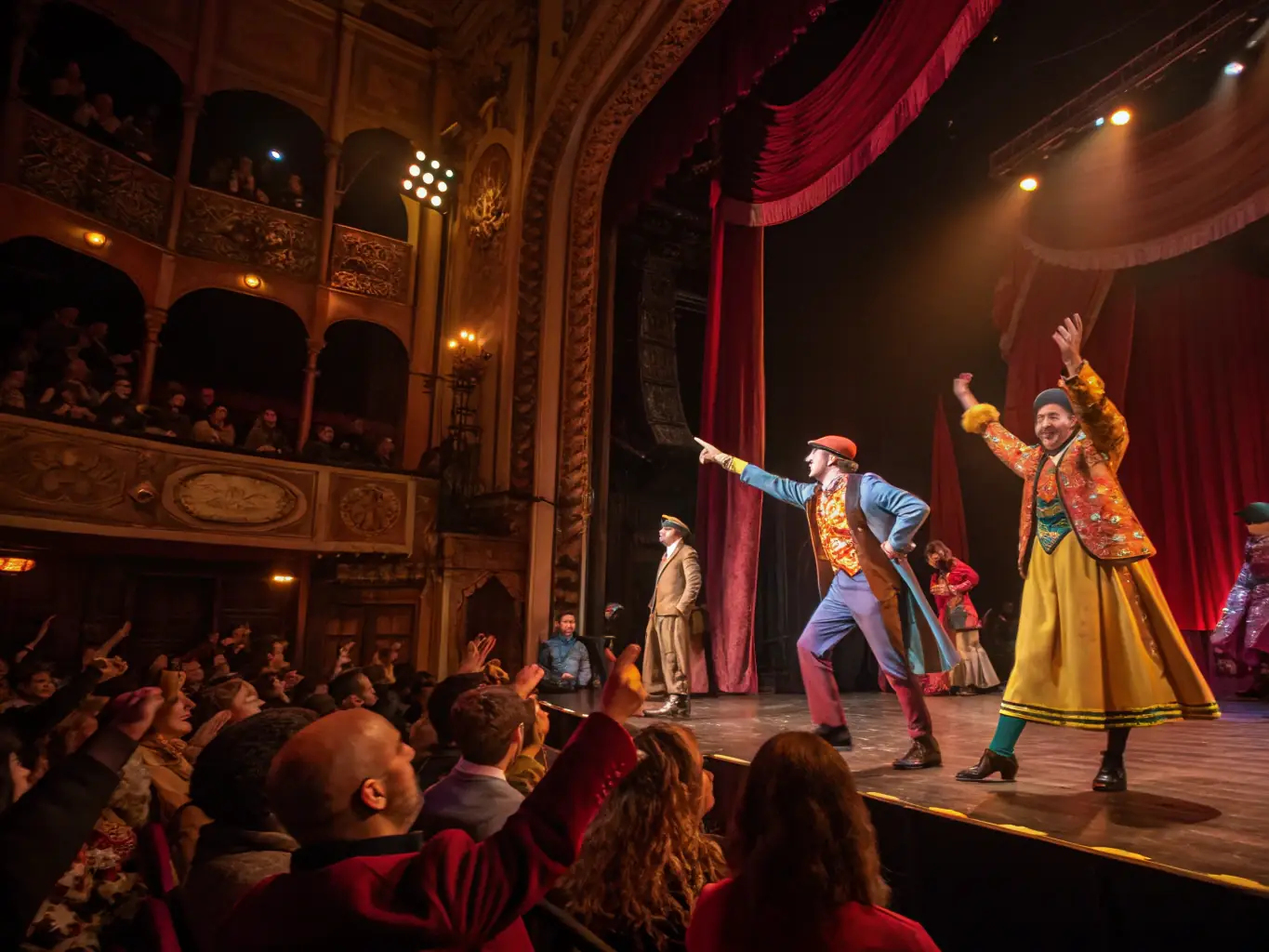 An image of a vibrant stage with performers in dynamic motion, capturing the energy and diversity of our performances.