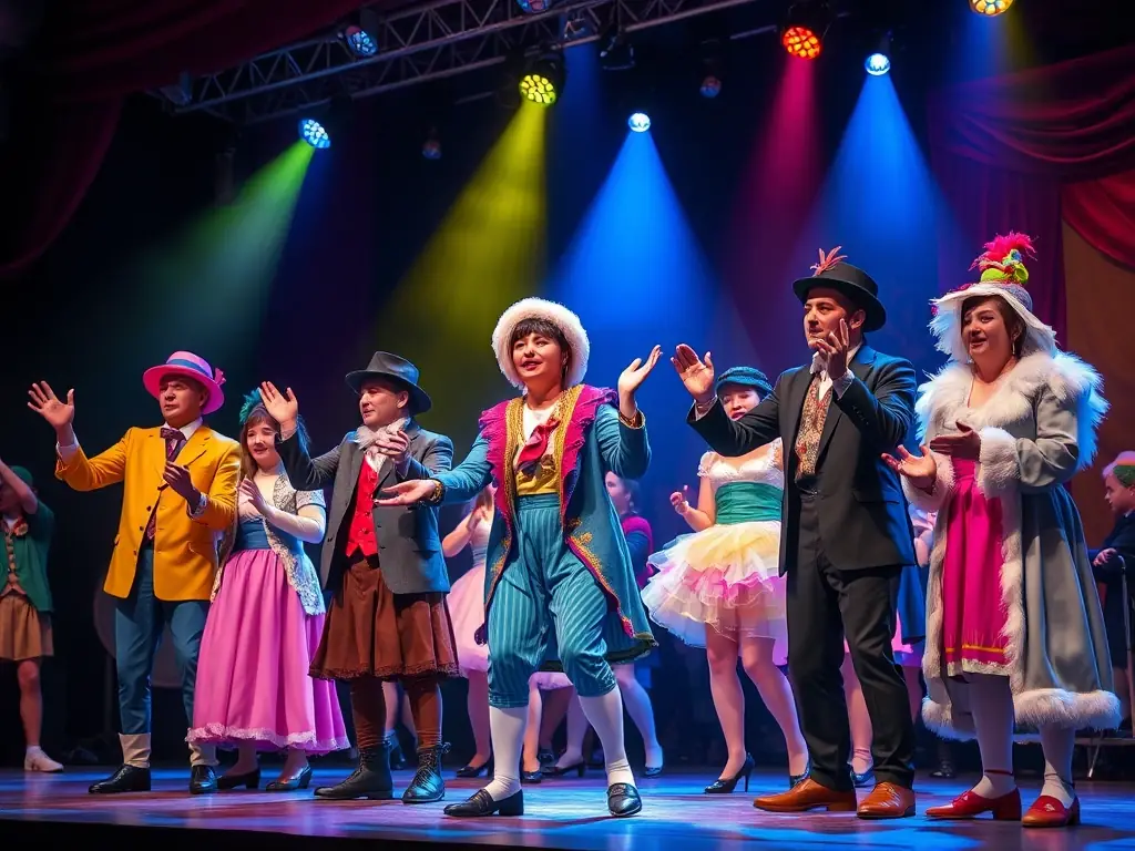 A vibrant photograph capturing a scene from a recent theatrical performance at LA COUPE D'OR THEATRE DE ROCHEFORT, showcasing actors in costume on stage with dynamic lighting.