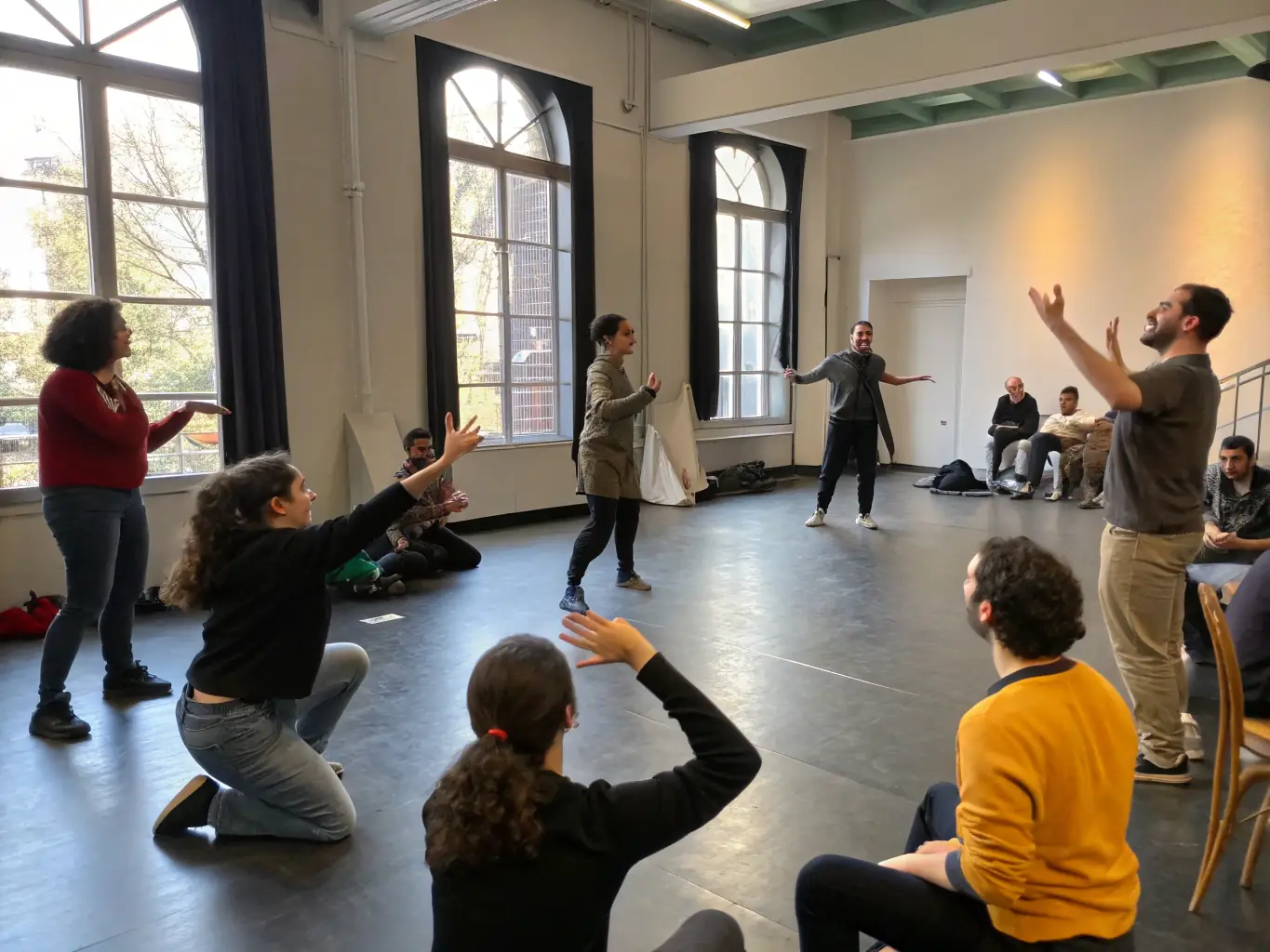 A photograph of participants actively engaged in a theatre workshop at LA COUPE D'OR THEATRE DE ROCHEFORT, showing them rehearsing scenes and interacting with instructors.