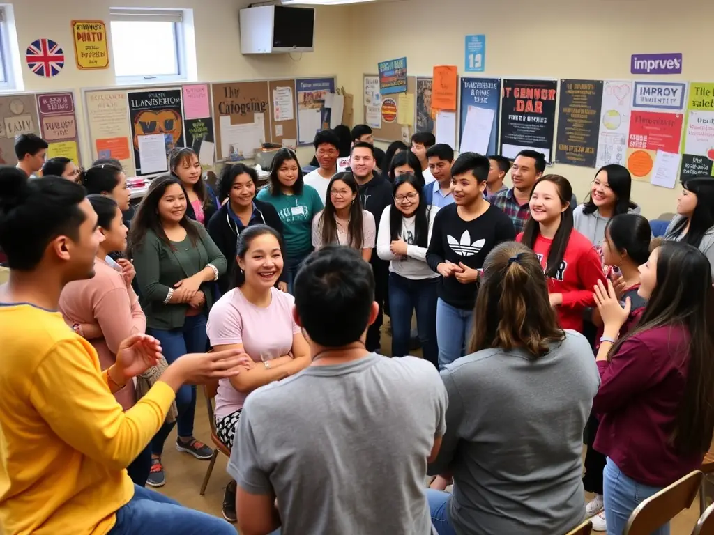 A group of students participating in a theatre workshop at LA COUPE D'OR THEATRE DE ROCHEFORT, led by a professional instructor, focusing on acting techniques.