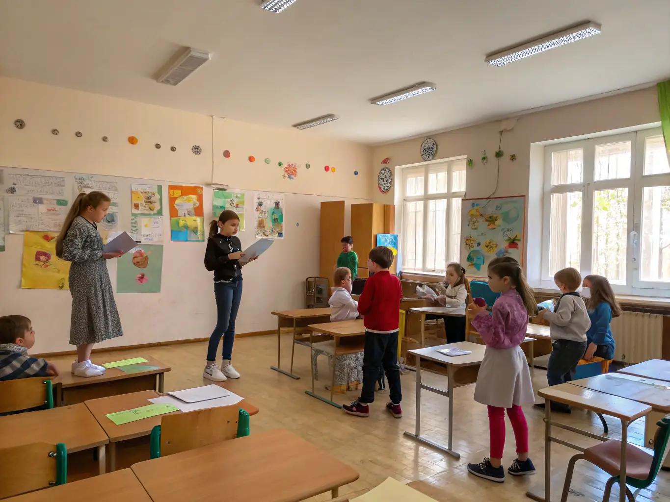A classroom setting with young students participating in an interactive theatre workshop led by an artist.
