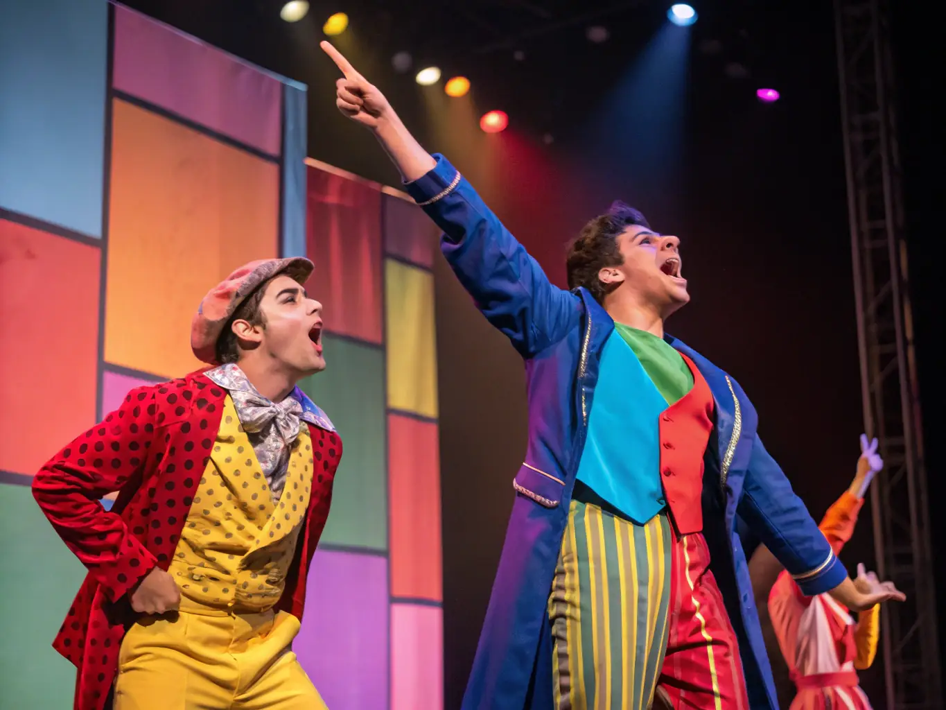 A vibrant photograph capturing a scene from one of LA COUPE D'OR THEATRE DE ROCHEFORT's multidisciplinary performances, showcasing actors in costume on stage with dynamic lighting.